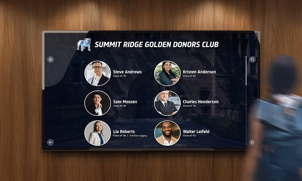A donor recognition screen listing donors by giving level
